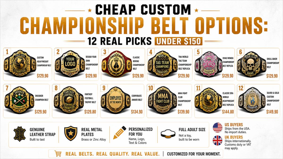 Infographic of 12 affordable custom championship belts under $150 with prices, personalization options, and genuine leather and metal construction.