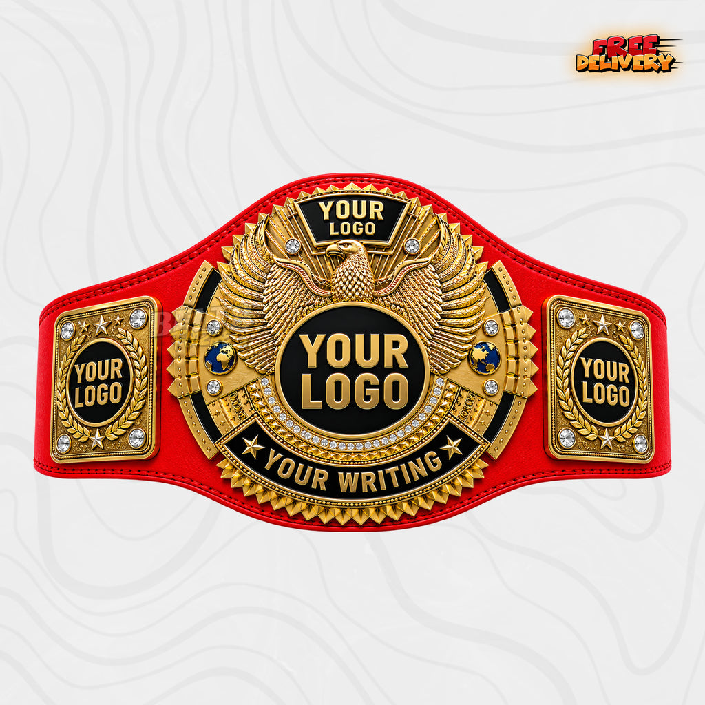 Custom Gold Eagle Championship Belt in red genuine leather strap showing gold-plated eagle main plate
