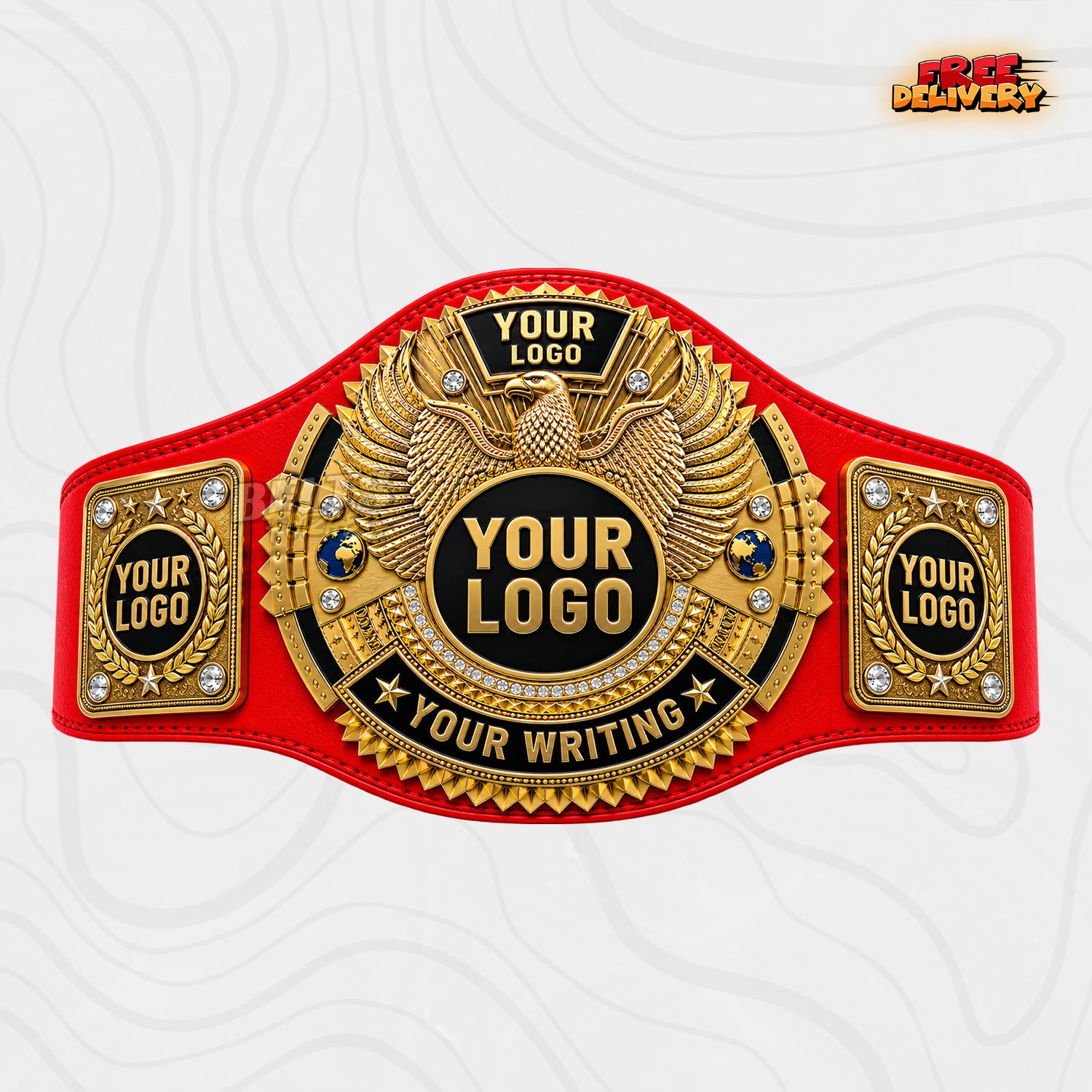 Custom Gold Eagle Championship Belt in red genuine leather strap showing gold-plated eagle main plate