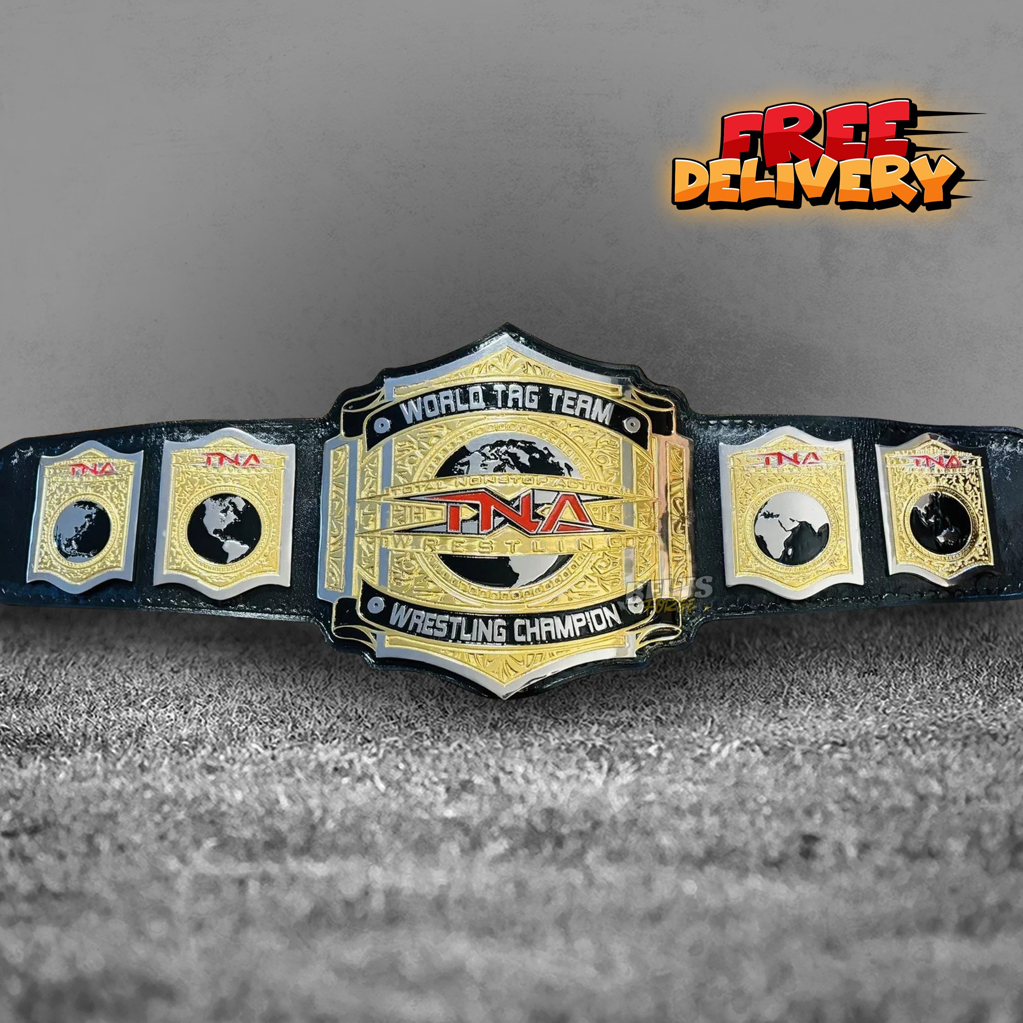 TNA World Tag Team Championship Belt replica hero shot, gold-plated brass hexagonal plates and black genuine leather strap by Belts Forge