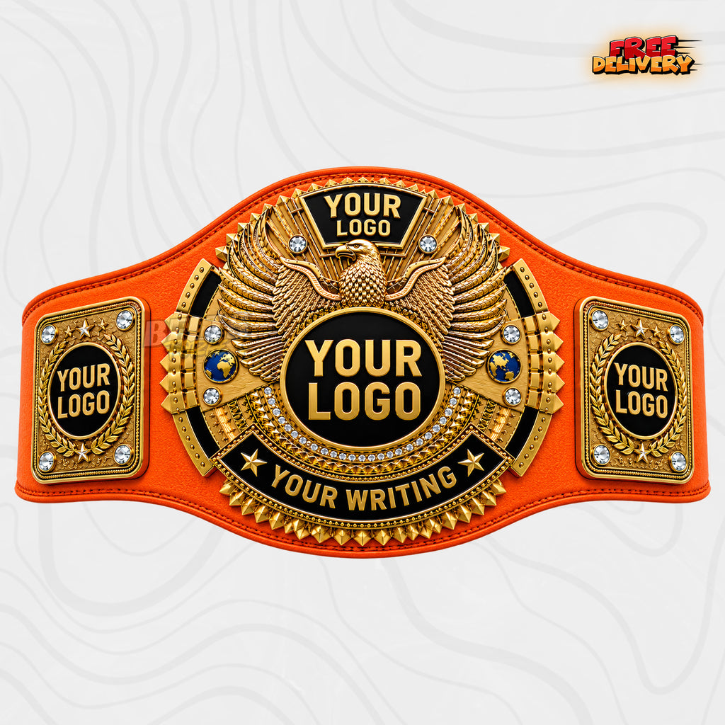 Custom Gold Eagle Championship Belt in orange genuine leather strap showing gold-plated eagle main plate