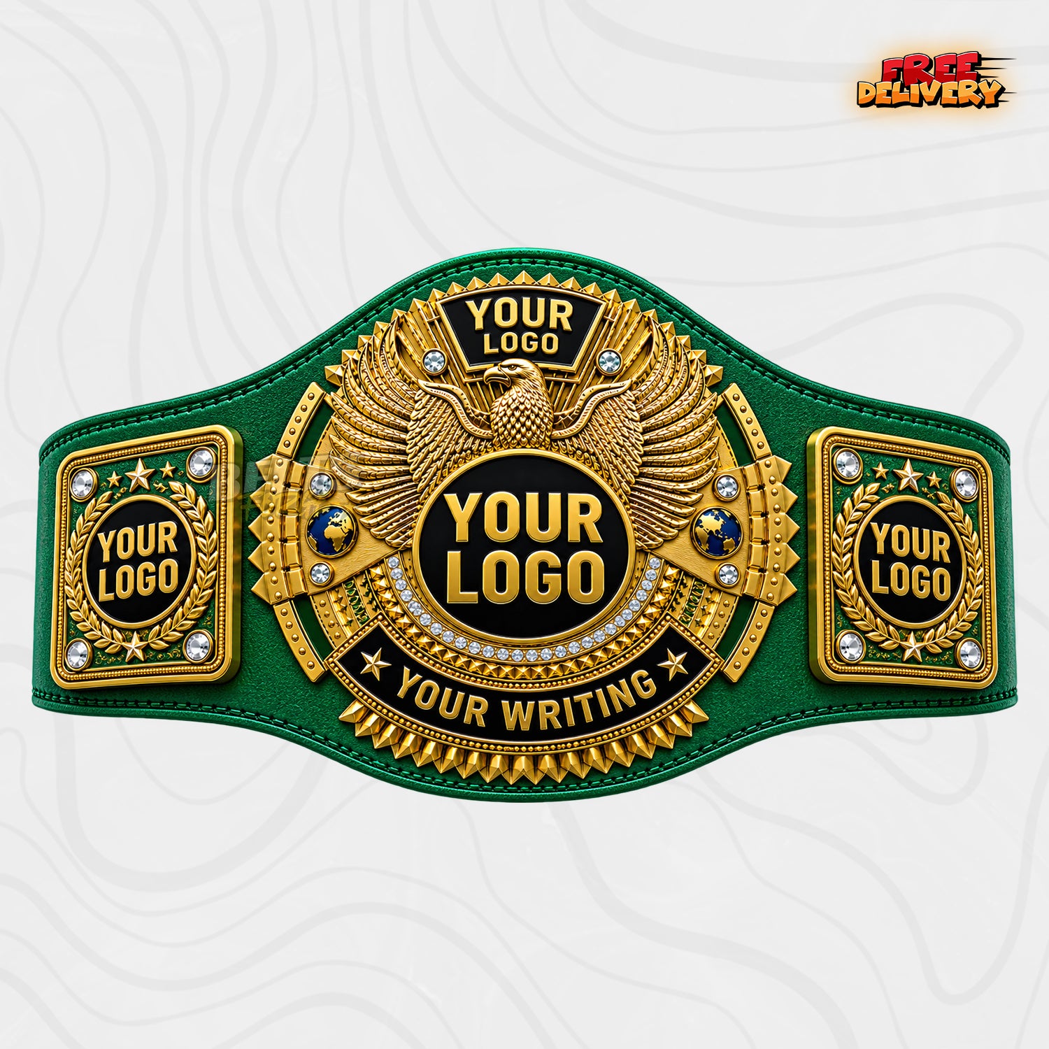 Custom Gold Eagle Championship Belt in green genuine leather strap showing gold-plated eagle main plate