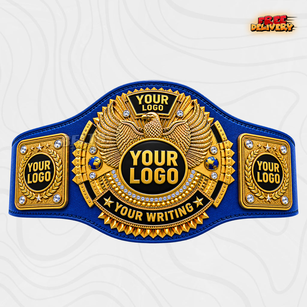 Custom Gold Eagle Championship Belt in blue genuine leather strap showing gold-plated eagle main plate