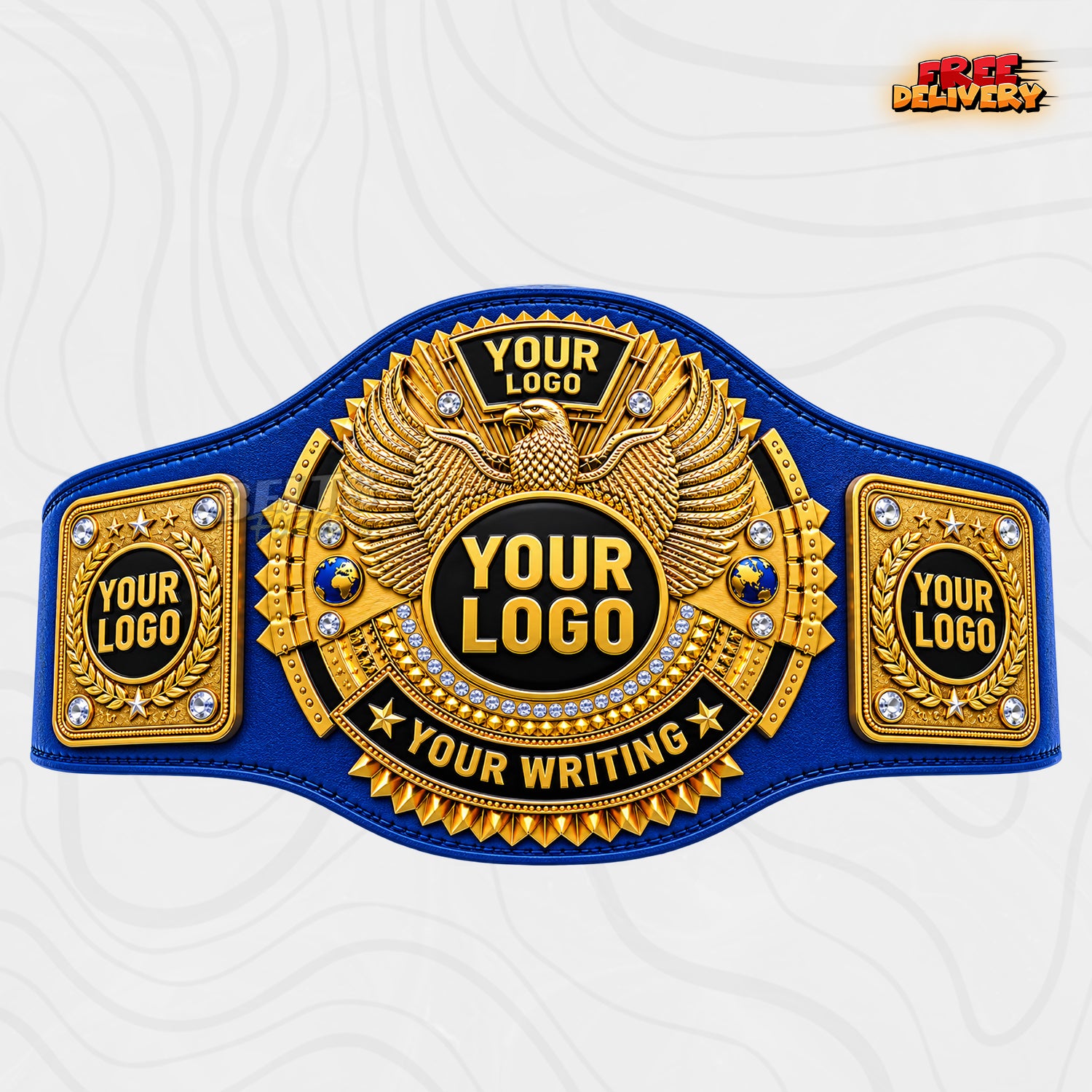 Custom Gold Eagle Championship Belt in blue genuine leather strap showing gold-plated eagle main plate