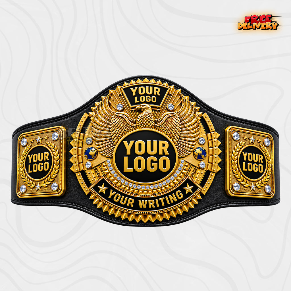 Custom Gold Eagle Championship Belt in black genuine leather strap showing gold-plated eagle main plate by Belts Forge