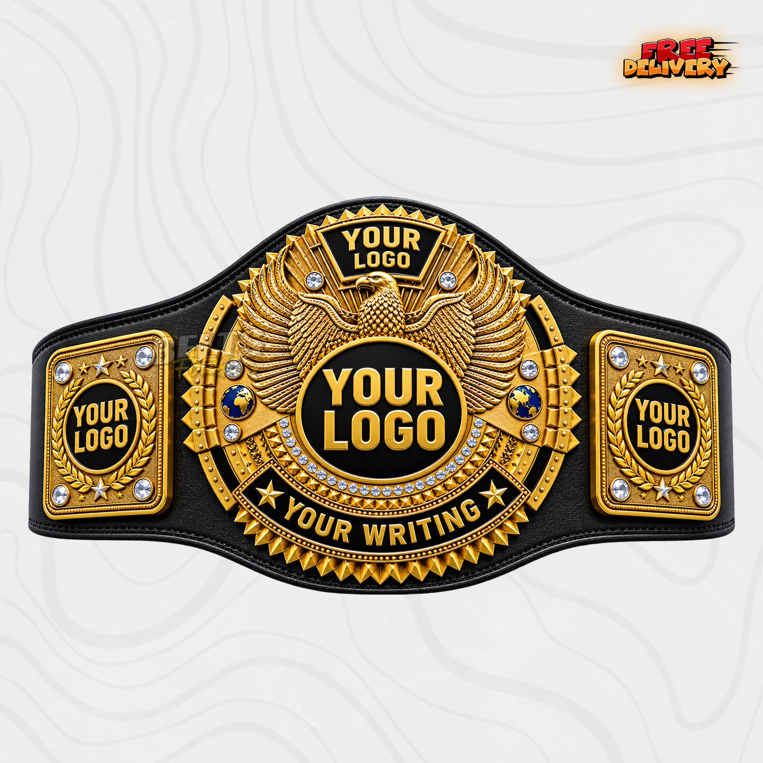 Custom Gold Eagle Championship Belt in black genuine leather strap showing gold-plated eagle main plate by Belts Forge
