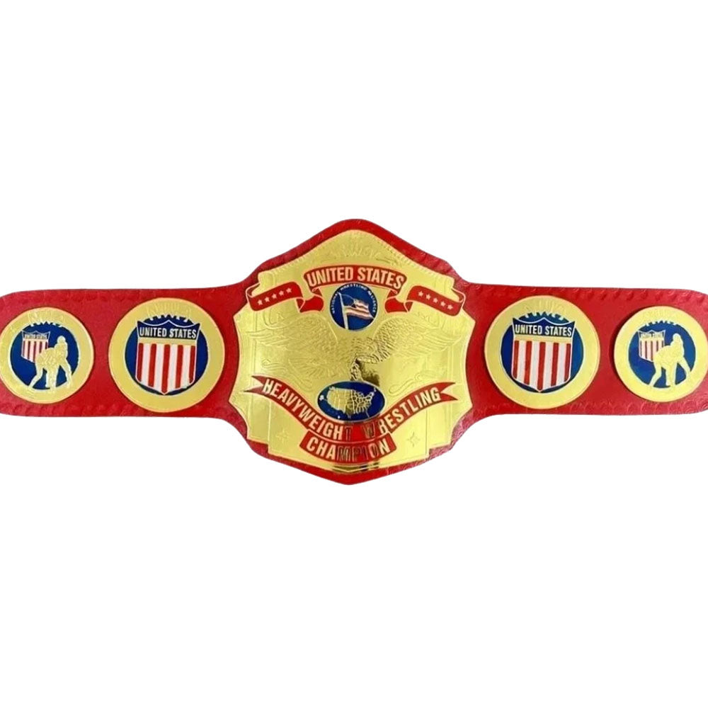 Red and gold championship belt with U.S. flags