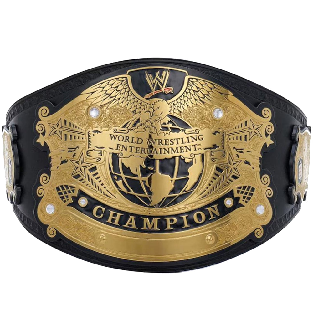 WWE championship belt with gold and black design 
