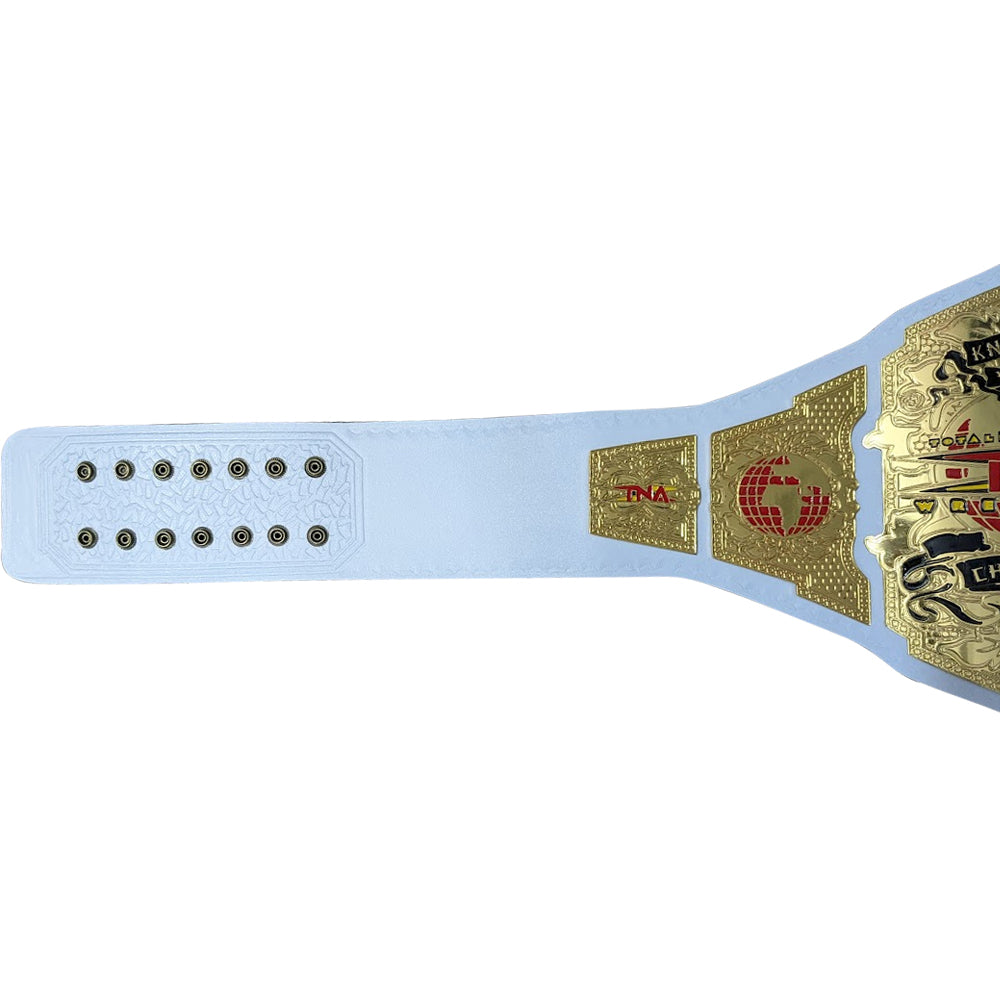 Wrestling championship belt with gold and red designs 