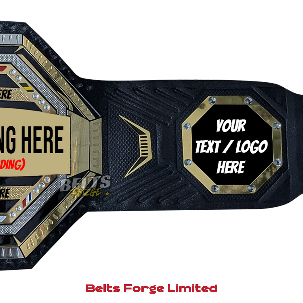 Black and gold championship belt with customizable text or logo area, branded 'Belts Forge Limited'.