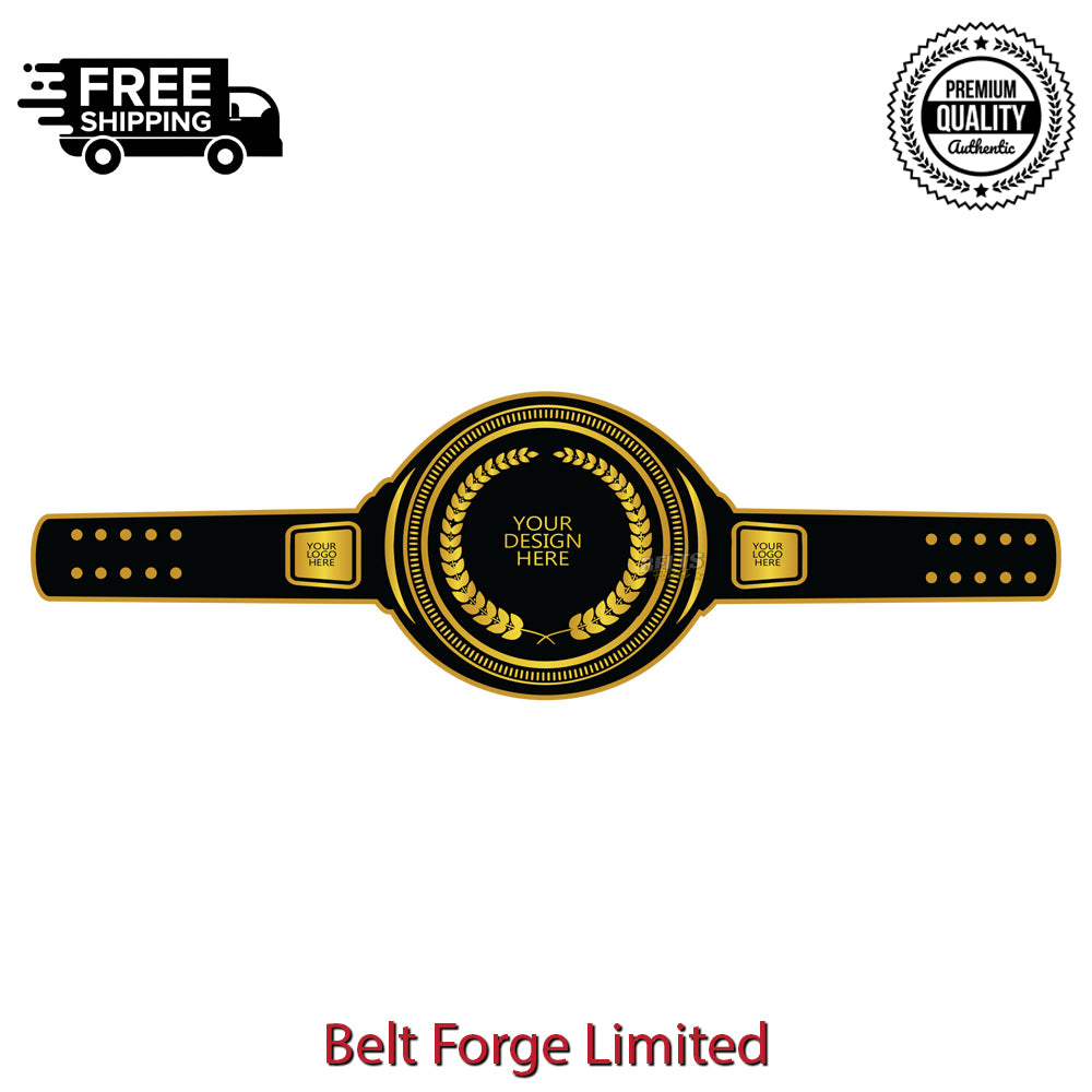 Black and gold belt with customizable design area, 'Belt Forge Limited' branding, free shipping icon, and premium quality badge on a white background.