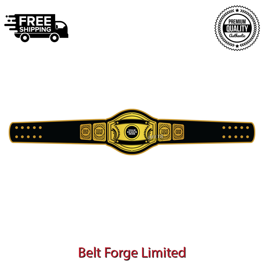 Black championship belt with gold details on a white background, featuring 'Belt Forge Limited' branding.