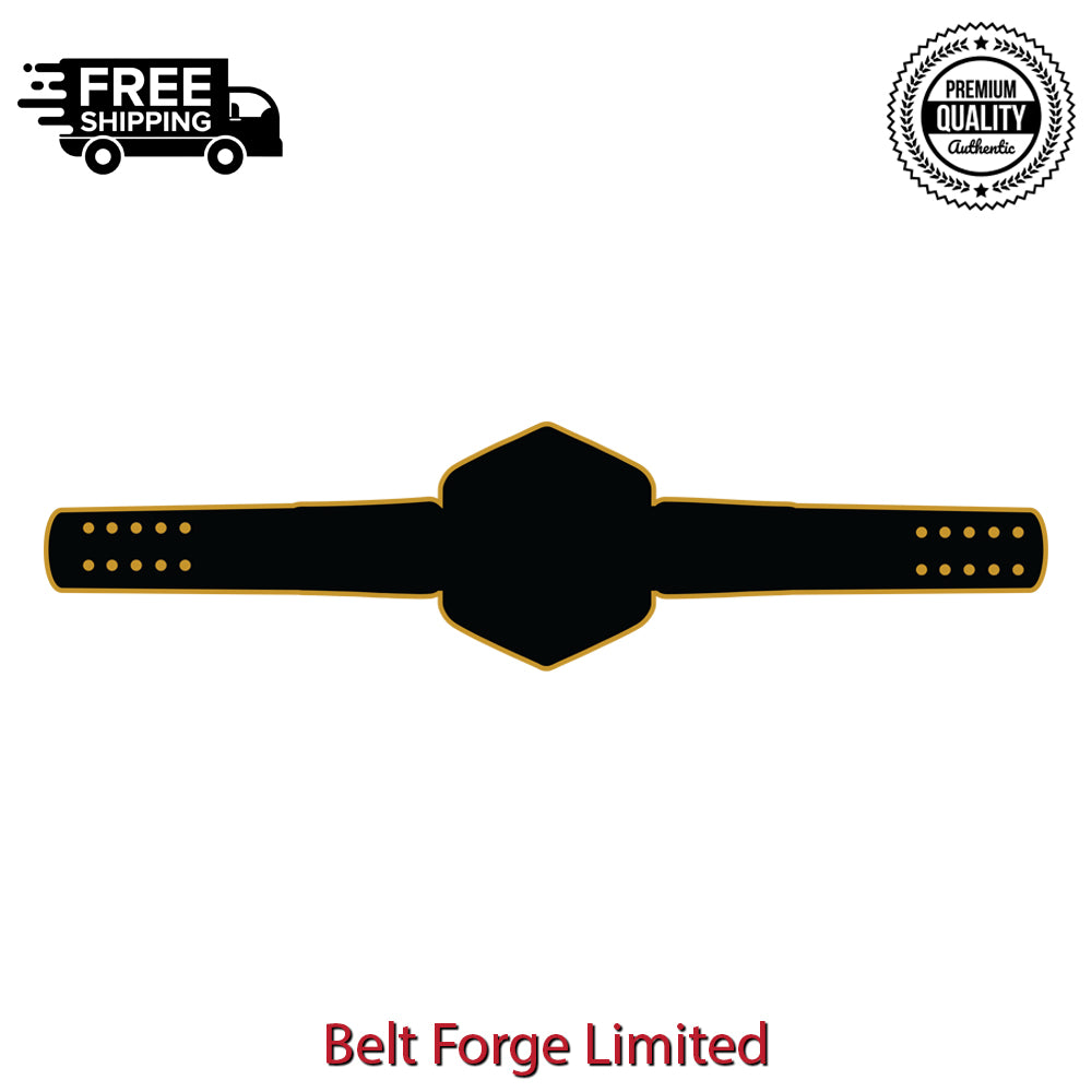 Black belt with gold accents on a white background, featuring 'Belt Forge Limited' branding.