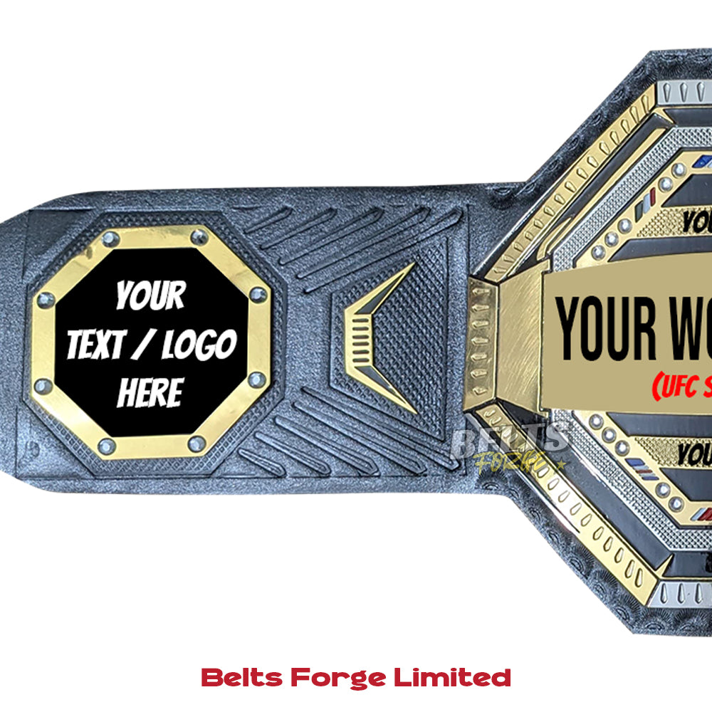Customizable belt buckle with text or logo placeholders, branded 'Belts Forge Limited'.