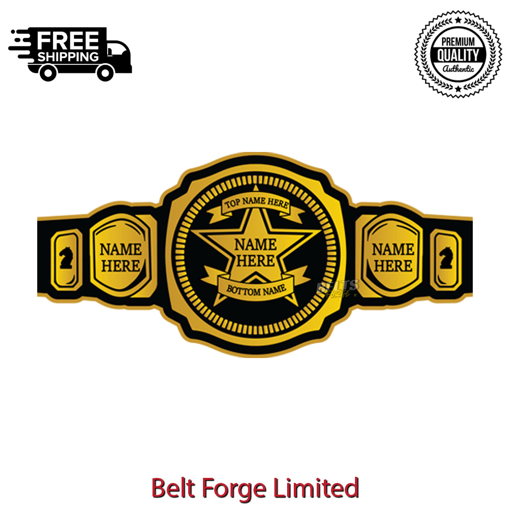 Black and gold championship belt with customizable text on a white background, featuring 'Belt Forge Limited' branding.