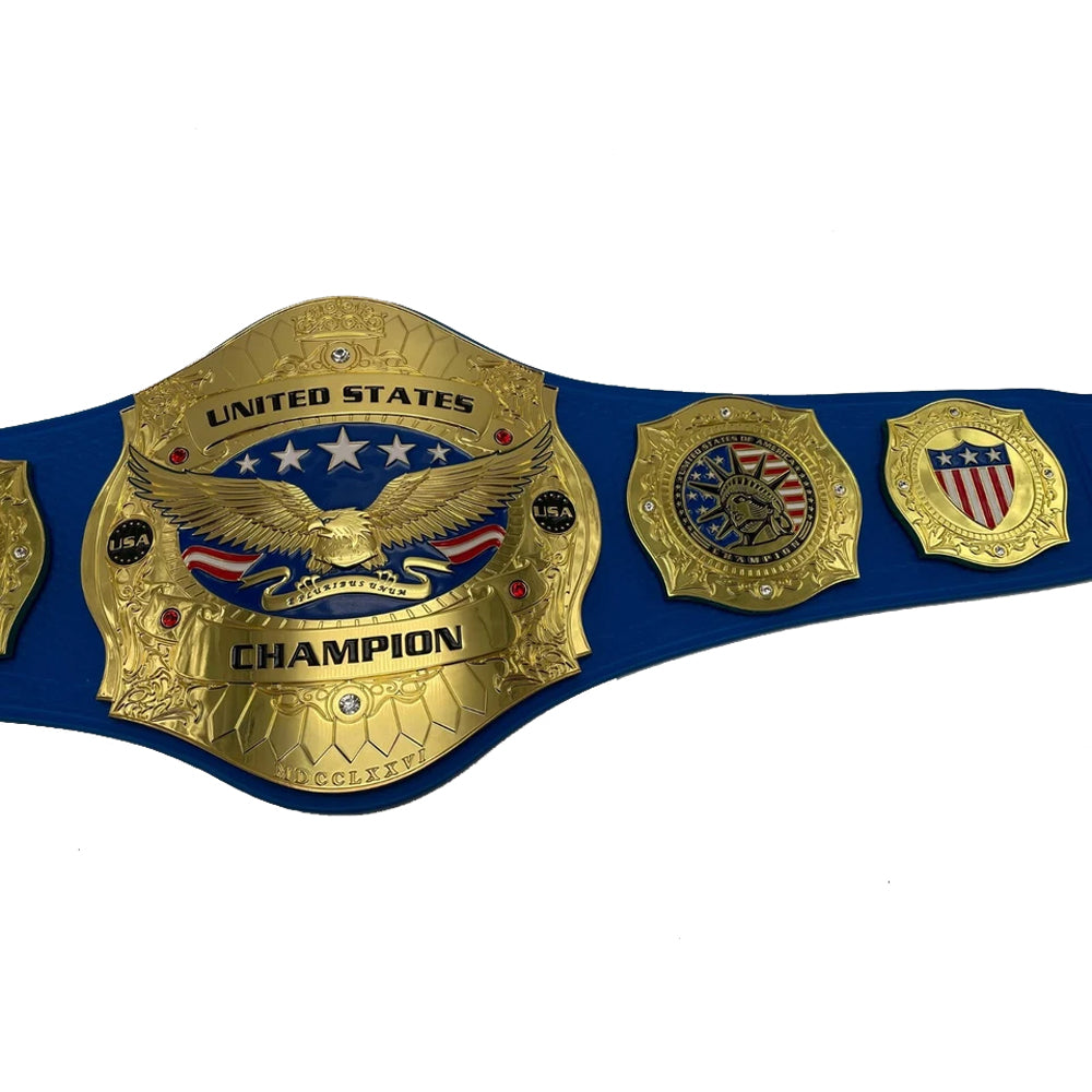 Blue and gold championship belt with American flag design 