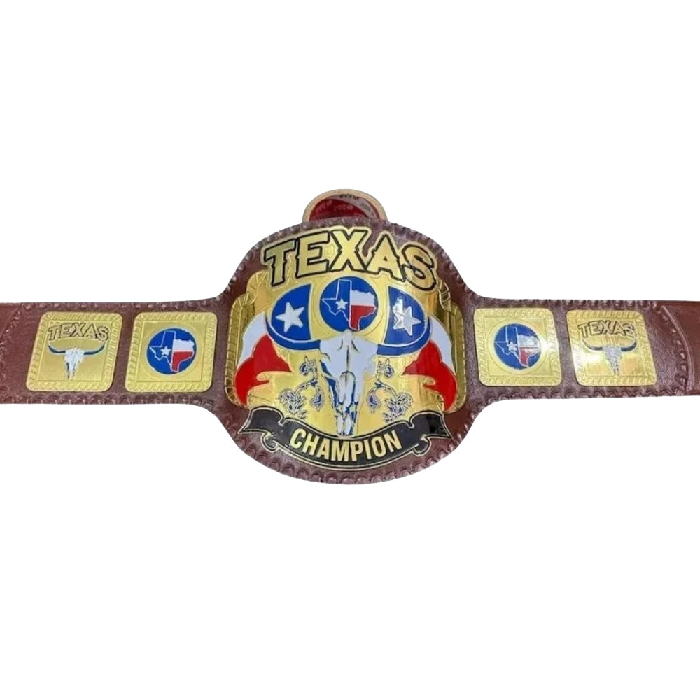 Texas champion belt with leather strap and metallic buckle