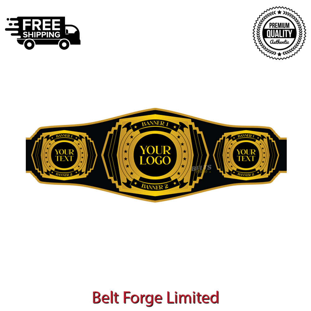 Black and gold championship belt with customizable text and logo on a white background, featuring 'Belt Forge Limited' branding.