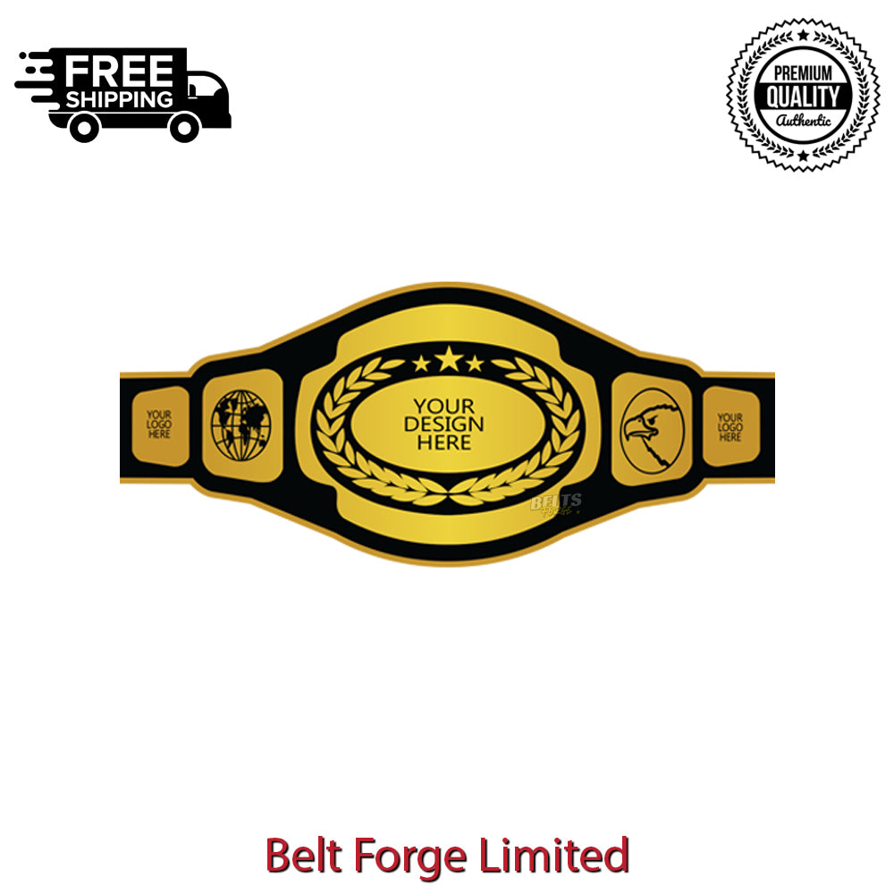 Black and gold championship belt with customizable text on a white background, featuring 'Belt Forge Limited' branding.