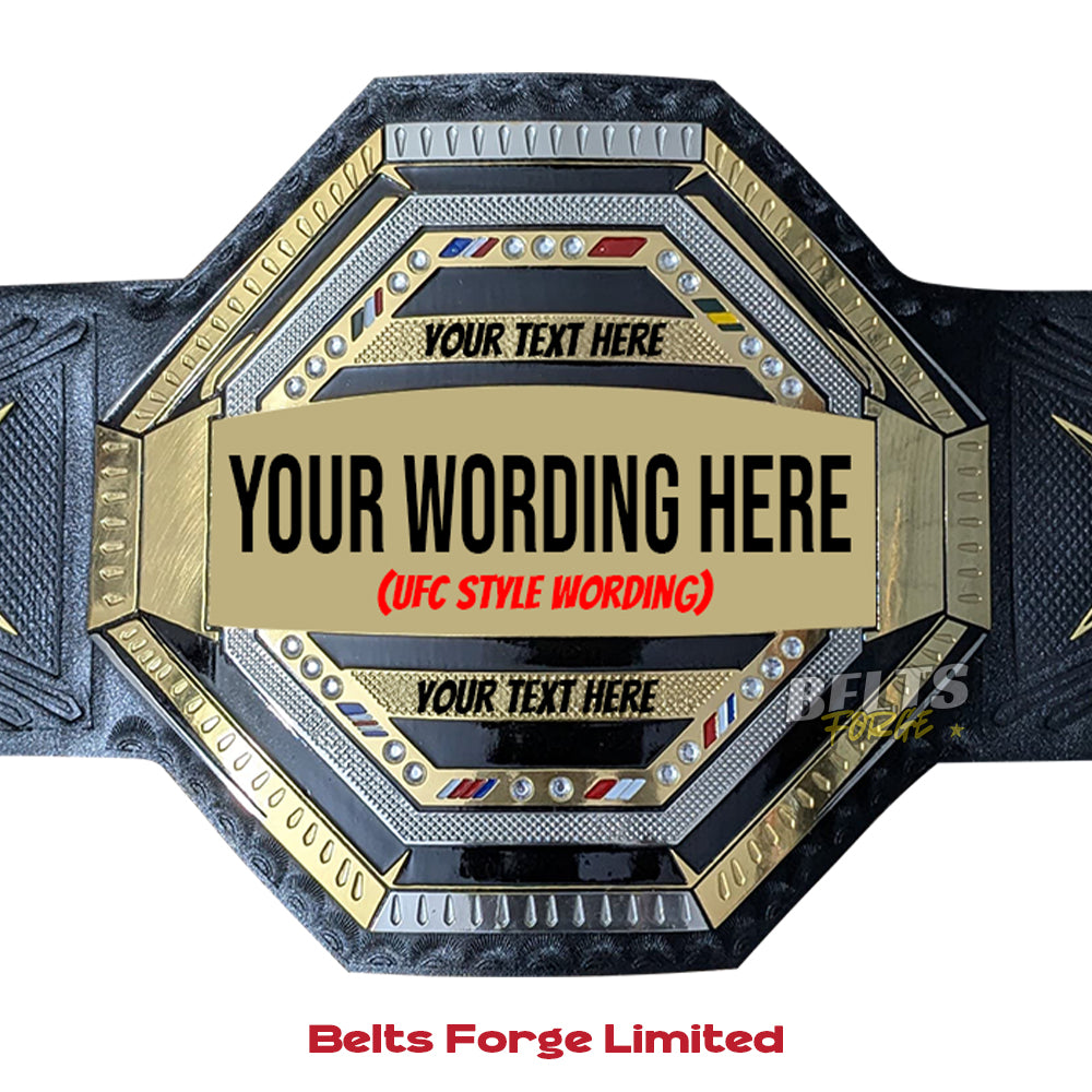 Customizable championship belt with text placeholder and 'Belts Forge Limited' branding.