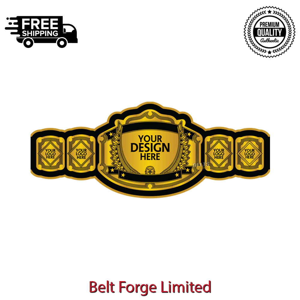 Gold and black championship belt with customizable text on a white background, featuring 'Belt Forge Limited' branding.