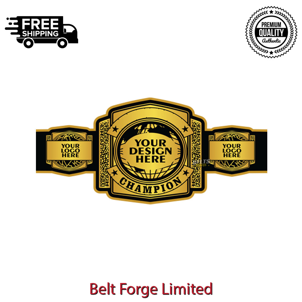 Gold championship belt with customizable text on a white background, featuring 'Belt Forge Limited' branding.