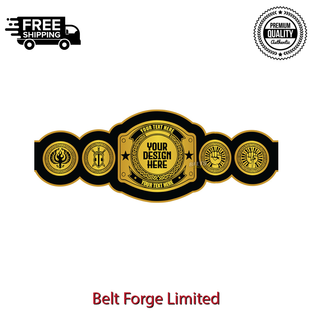Black and gold belt design with customizable text on a white background, featuring 'Belt Forge Limited' branding.