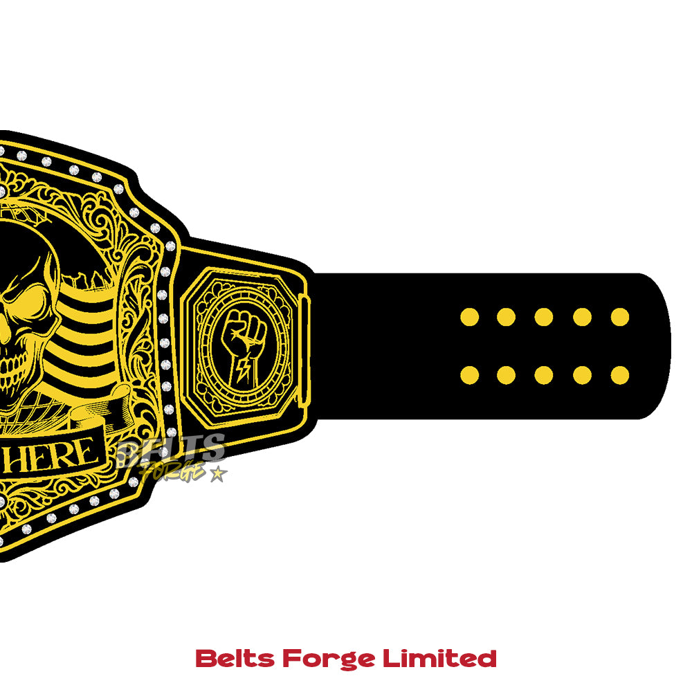 Black and yellow championship belt with a skull design on a white background, featuring 'Belts Forge Limited' branding.