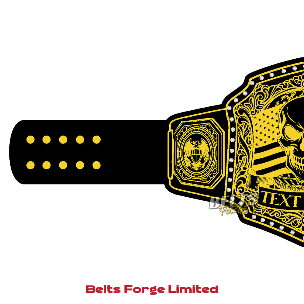 Black championship belt with yellow details and 'Belts Forge Limited' branding on a white background.