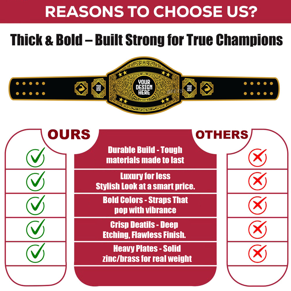 Wrestling championship belt design with comparison chart on a red background