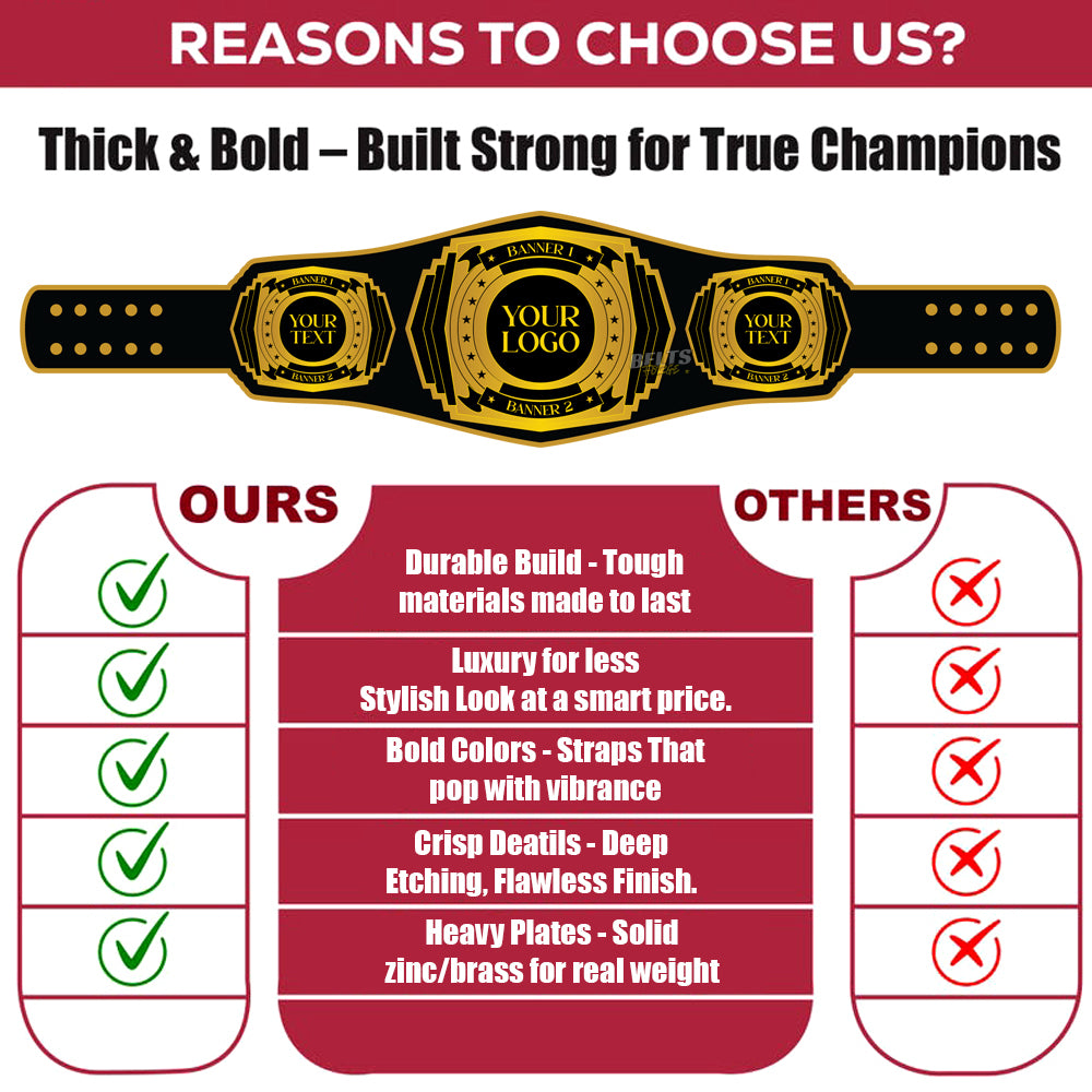 Wrestling championship belt with comparison chart on a red background