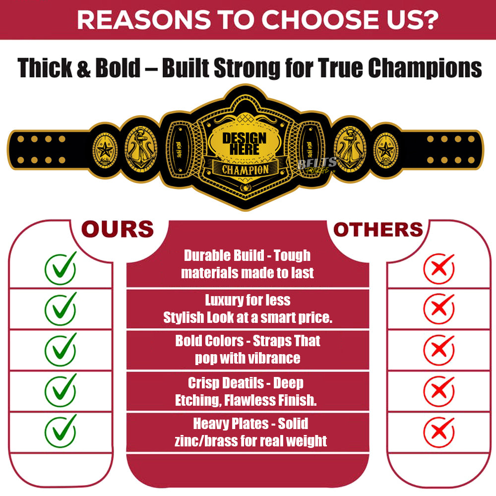 Comparison chart highlighting reasons to choose a product over competitors, featuring a championship belt graphic.