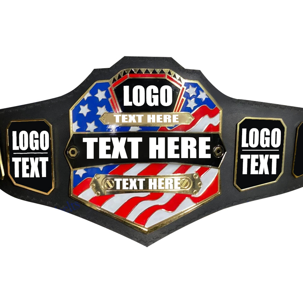Blank championship belt with customizable text and logos