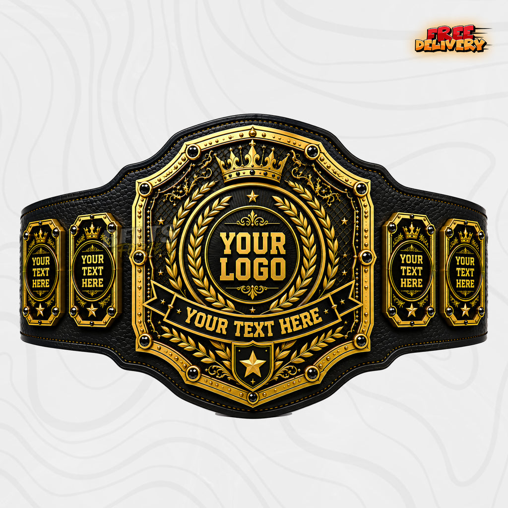 Custom Championship Belt in black genuine leather strap, gold-plated brass plates ready for personalized design by Belts Forge