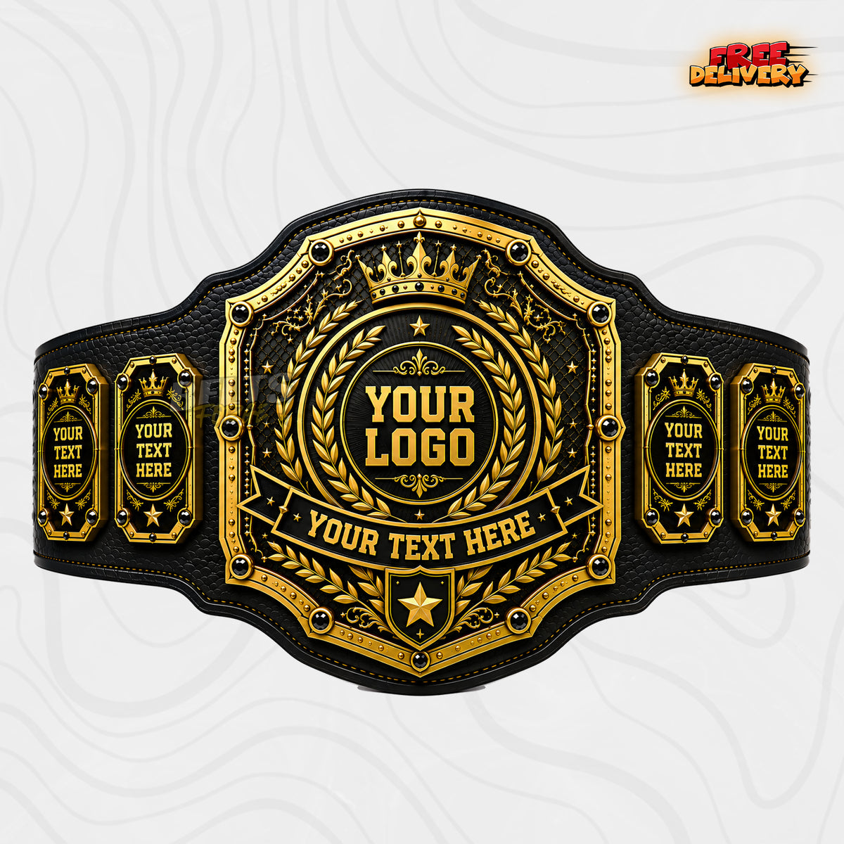 Custom Championship Belt in black genuine leather strap, gold-plated brass plates ready for personalized design by Belts Forge