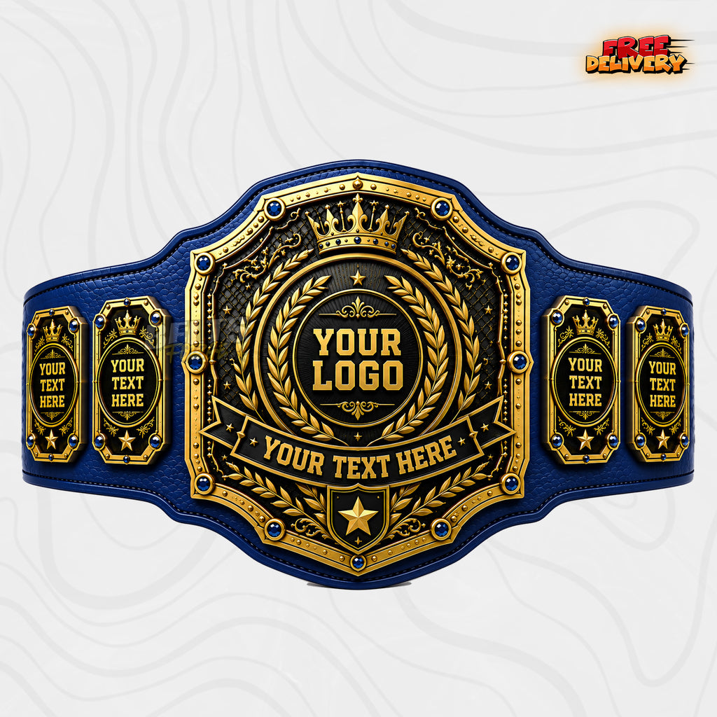 Custom Championship Belt in blue genuine leather strap, gold-plated brass plates ready for personalized design by Belts Forge