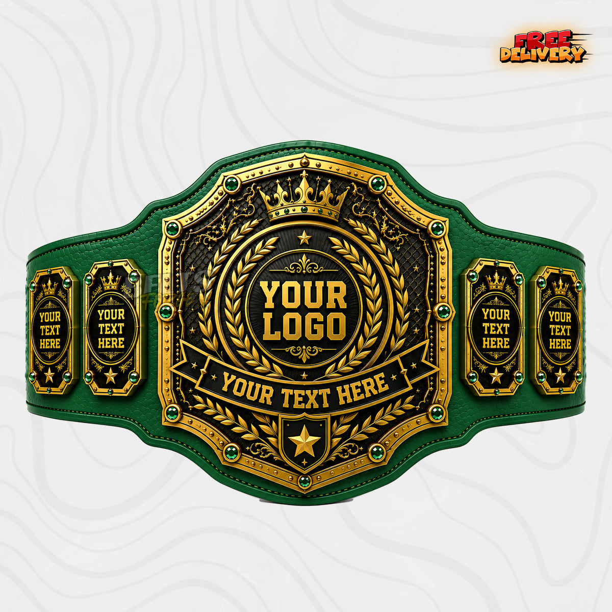 Custom Championship Belt in green genuine leather strap, gold-plated brass plates ready for personalized design by Belts Forge