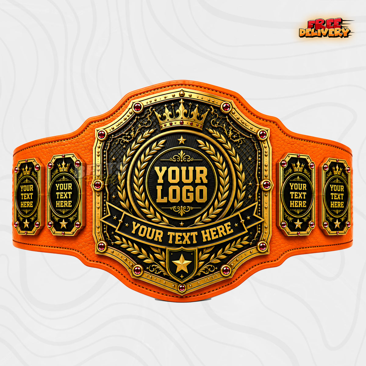 Custom Championship Belt in orange genuine leather strap, gold-plated brass plates ready for personalized design by Belts Forge