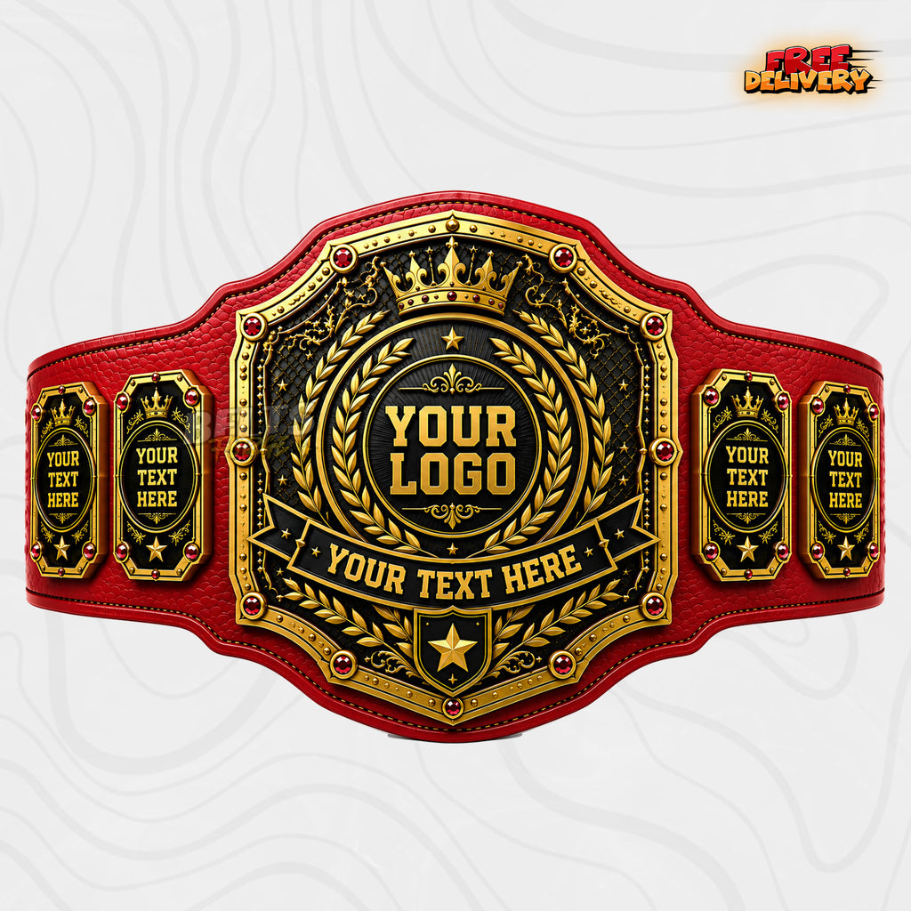 Custom Championship Belt in red genuine leather strap, gold-plated brass plates ready for personalized design by Belts Forge