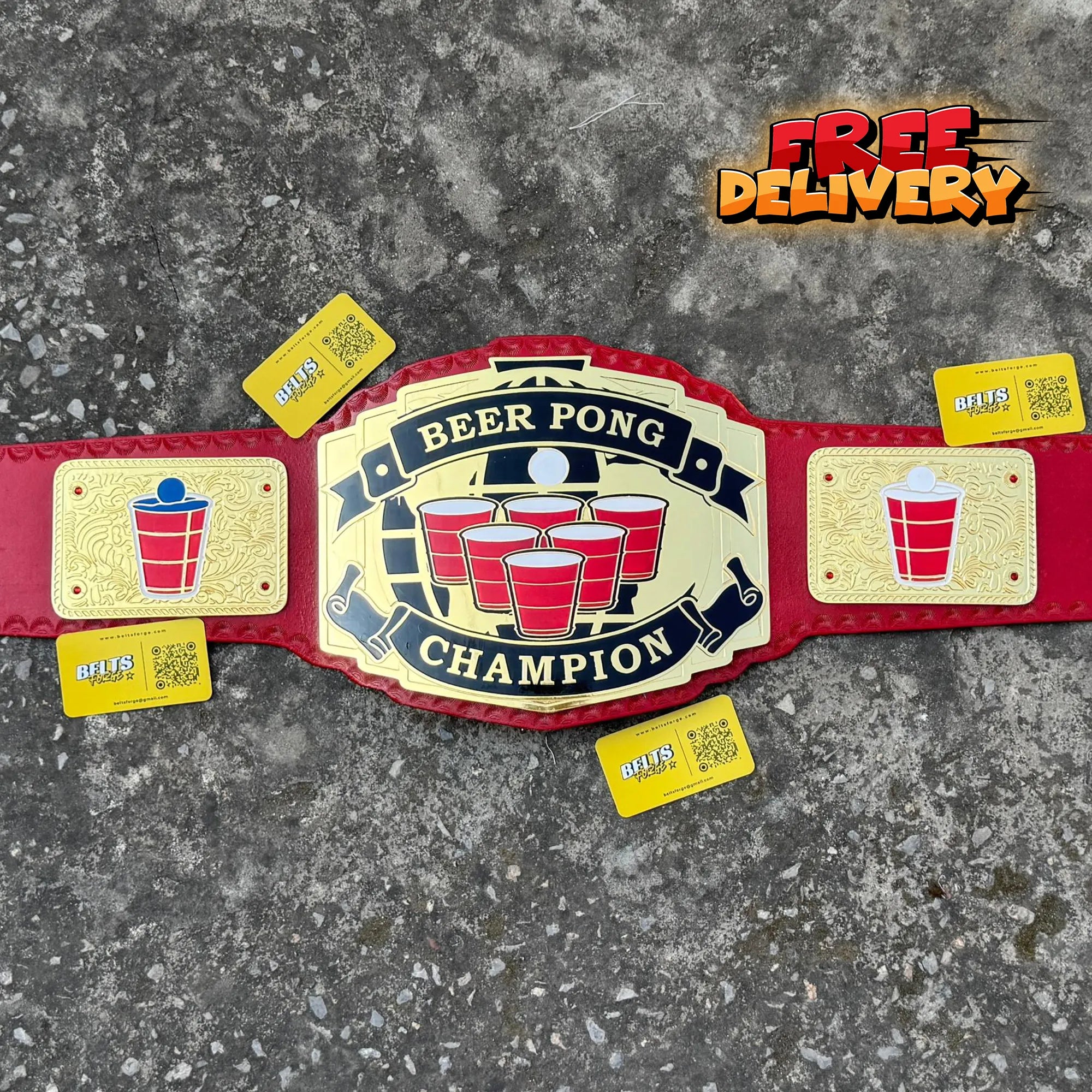 Beer Pong Champion Novelty Belt full top view, gold-plated brass Beer Pong Champion plates on genuine red leather strap by Belts Forge