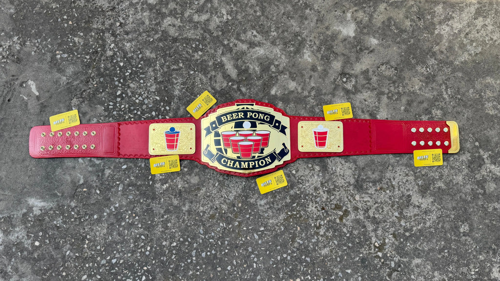 Beer Pong Champion Novelty Belt strap top view showing genuine red leather strap with gold hardware running full length
