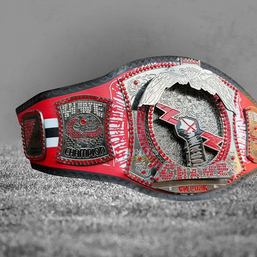 CM Punk Championship Belt full flat lay showing Chicago Blackhawks strap design and gold-plated plates