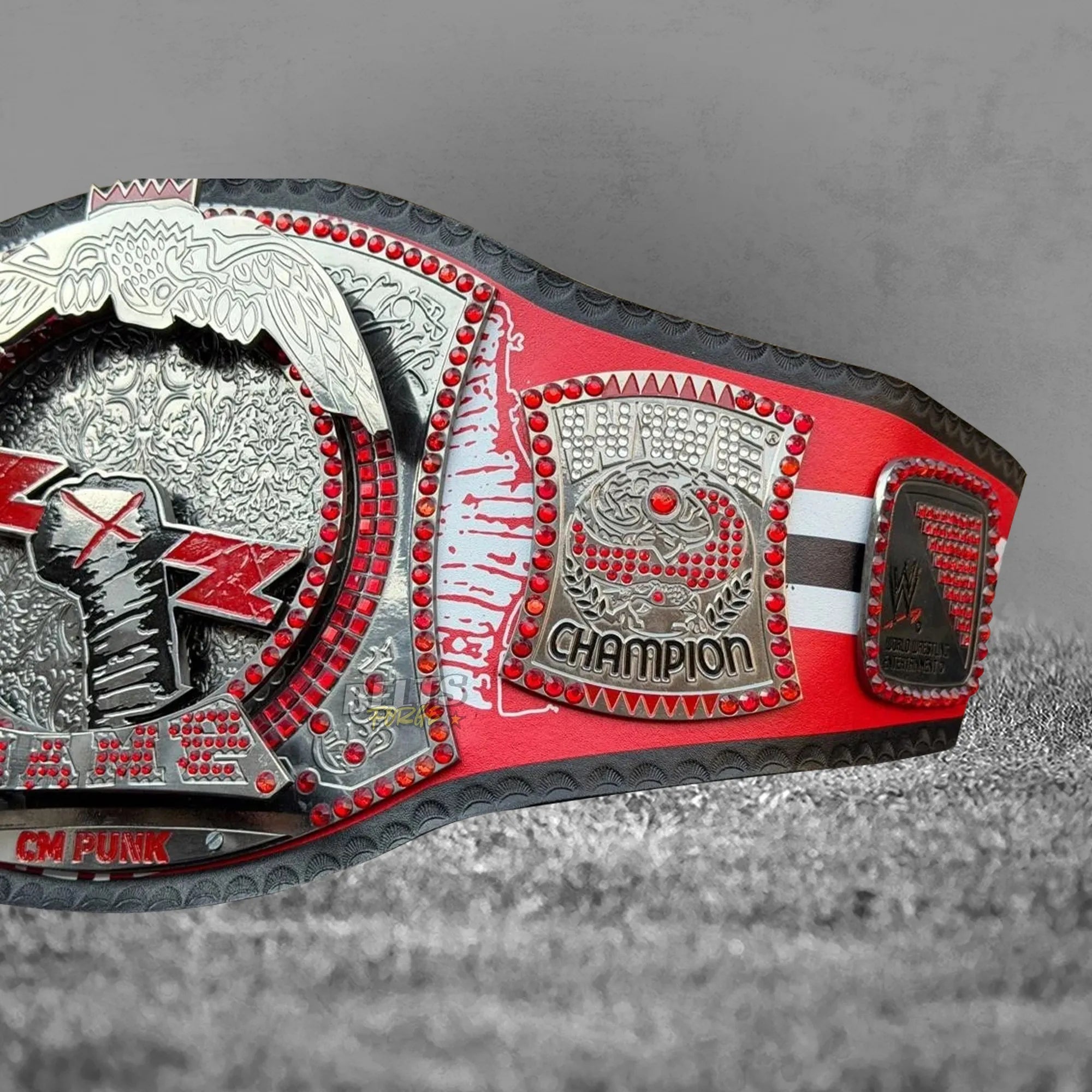 CM Punk Championship Belt full overhead flat lay portrait view showing complete belt