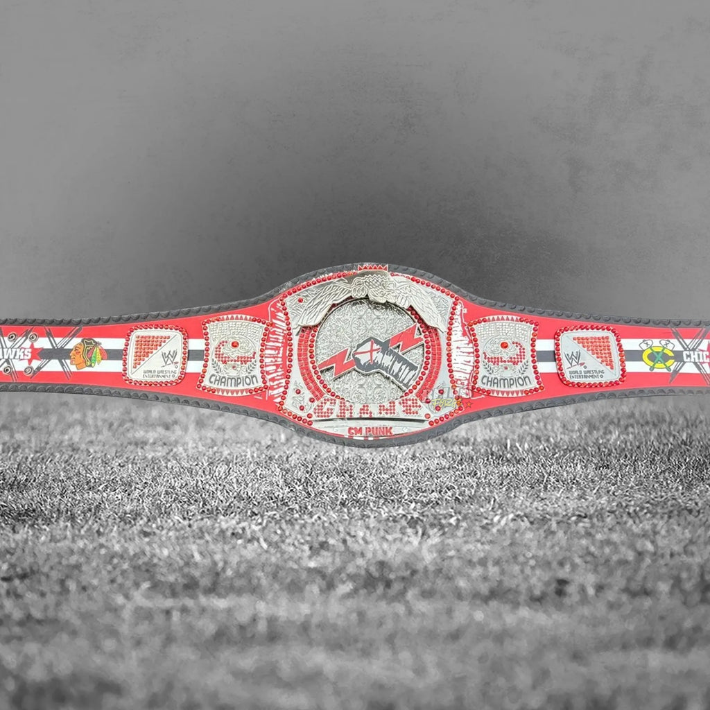 CM Punk Championship Belt left strap showing Blackhawks text and 60612 buckle end detail