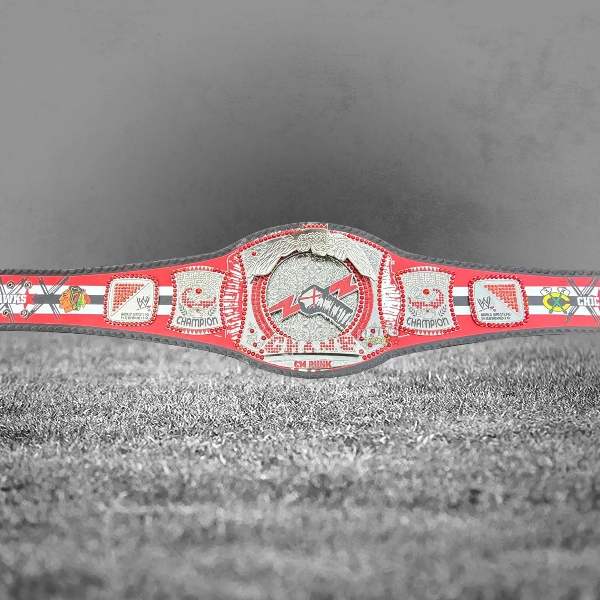 CM Punk Championship Belt left strap showing Blackhawks text and 60612 buckle end detail