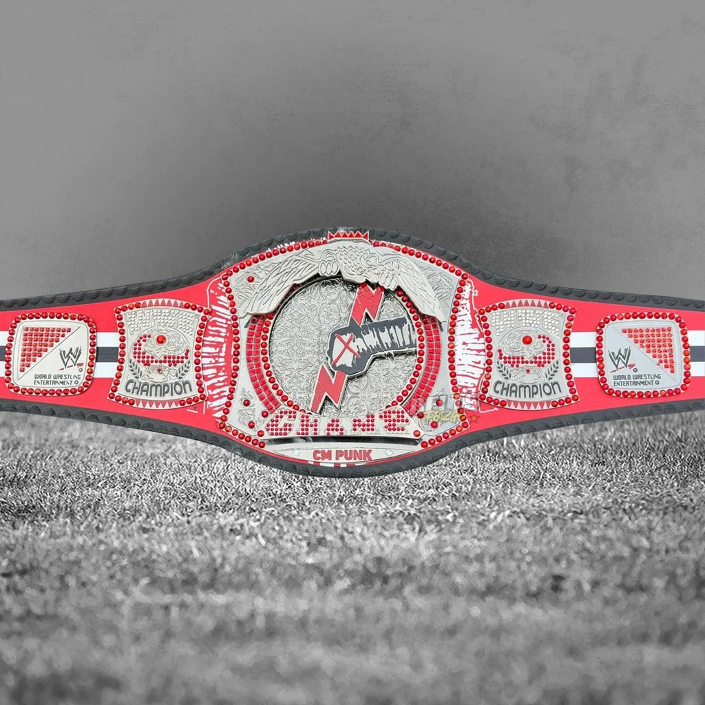 CM Punk Championship Belt left strap showing Chicago Blackhawks logo detail on genuine leather