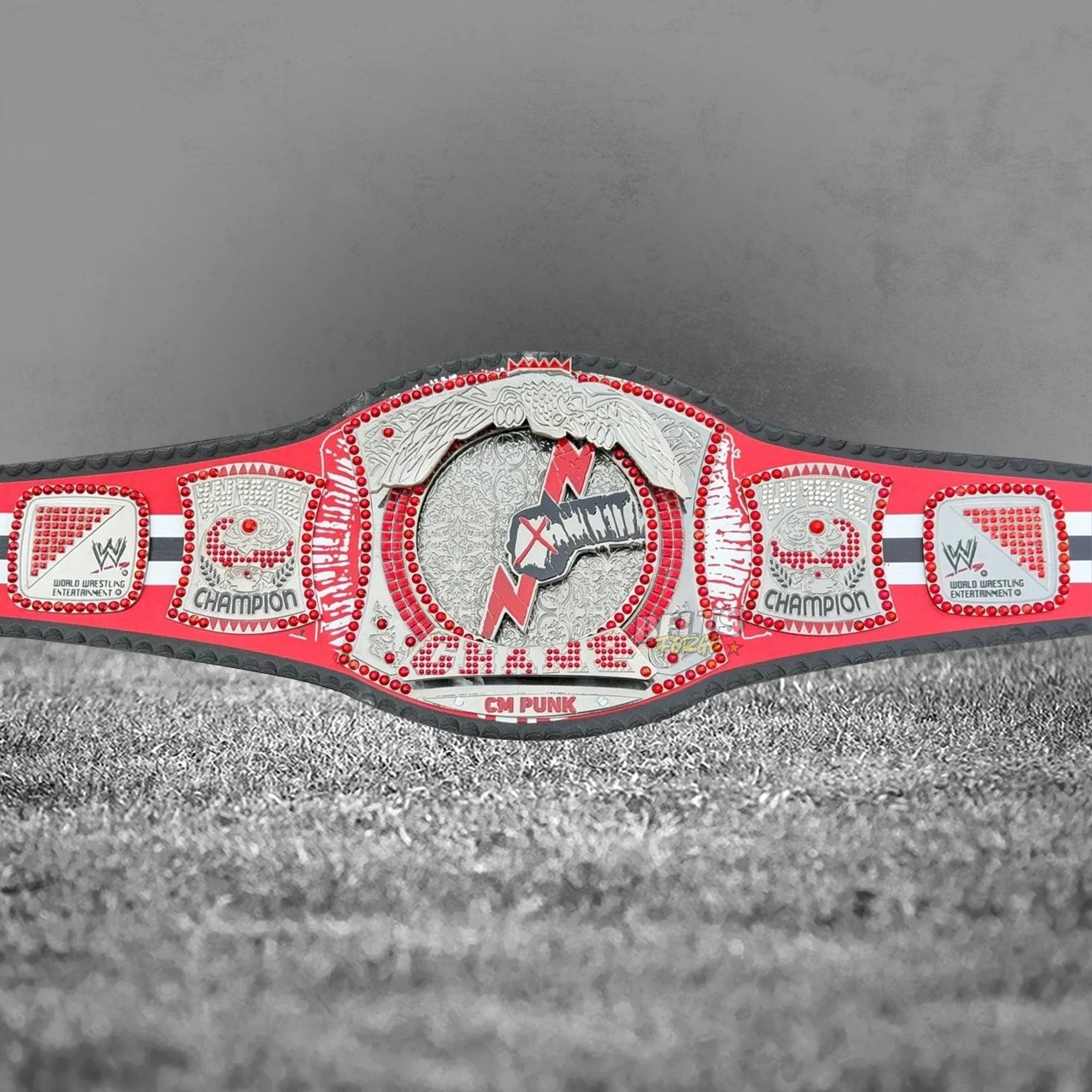 CM Punk Championship Belt left strap showing Chicago Blackhawks logo detail on genuine leather