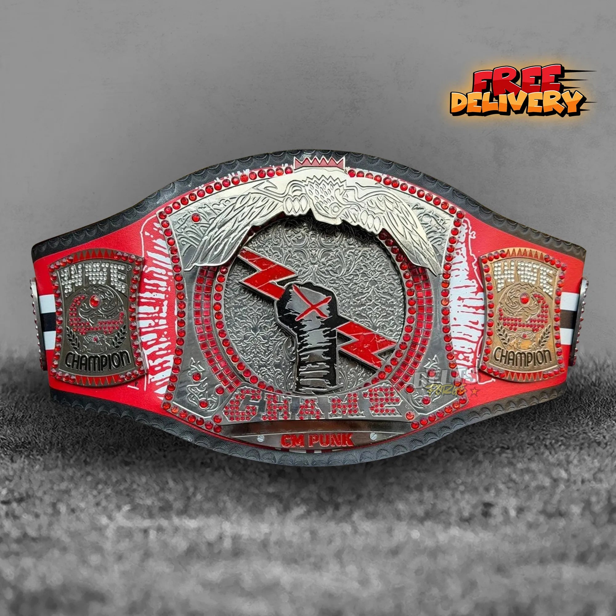 CM Punk Championship Belt Chicago Blackhawks custom strap promotional front view by Belts Forge