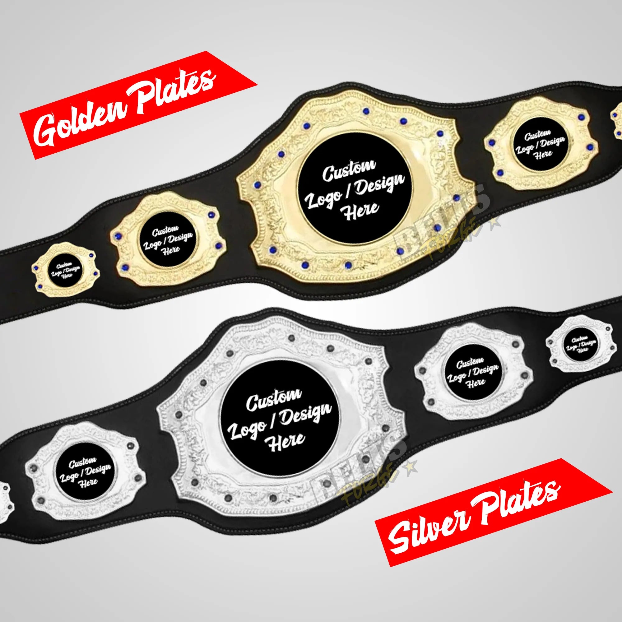 Belts Forge Custom 5-Plate Championship Belt gold and silver comparison showing both gold plated and silver chrome finish options