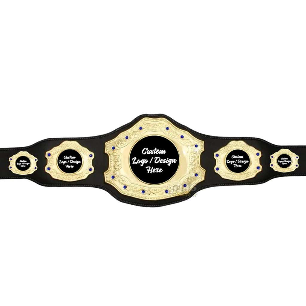 Belts Forge Custom 5-Plate Championship Belt gold template view showing all five gold-plated brass plates layout ready for custom engraving